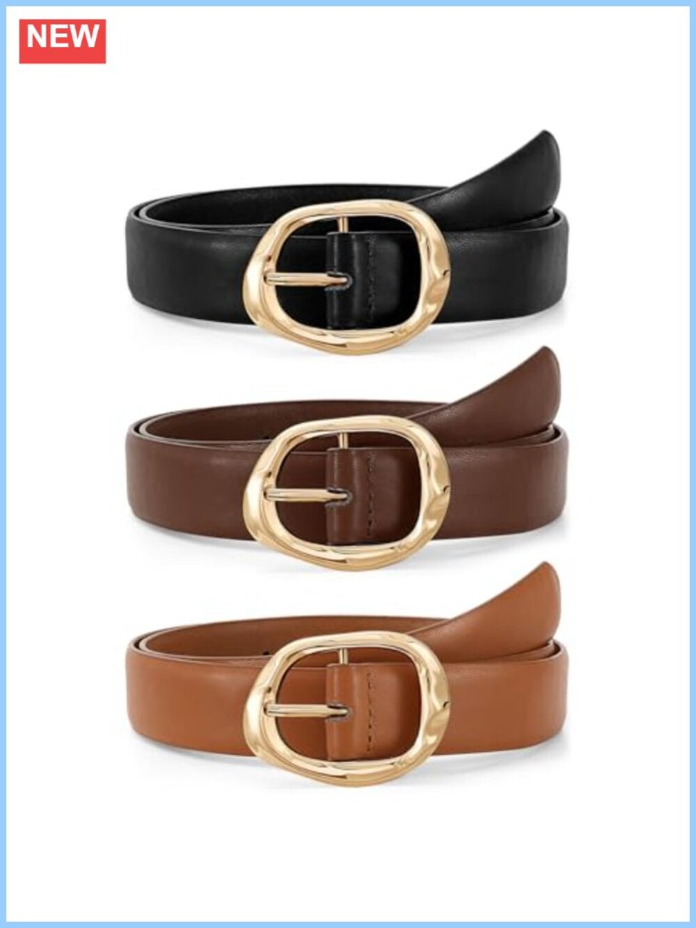 Faux Leather Women Belts 3 Pack Gold Buckle Casual Waist Belt for Jeans